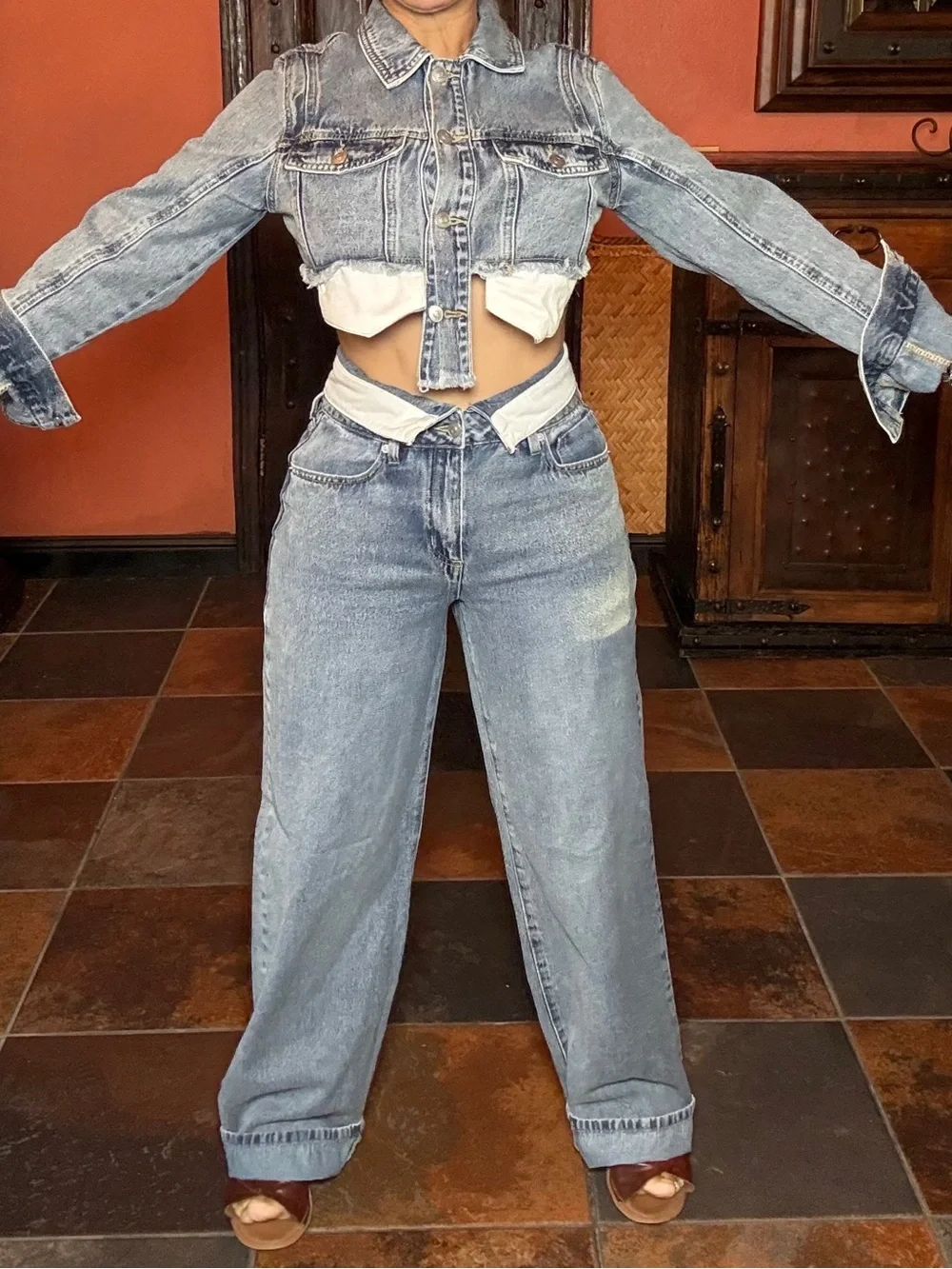Fashion Nova Light Blue Cropped Denim Jacket & High-Waist Jeans Set